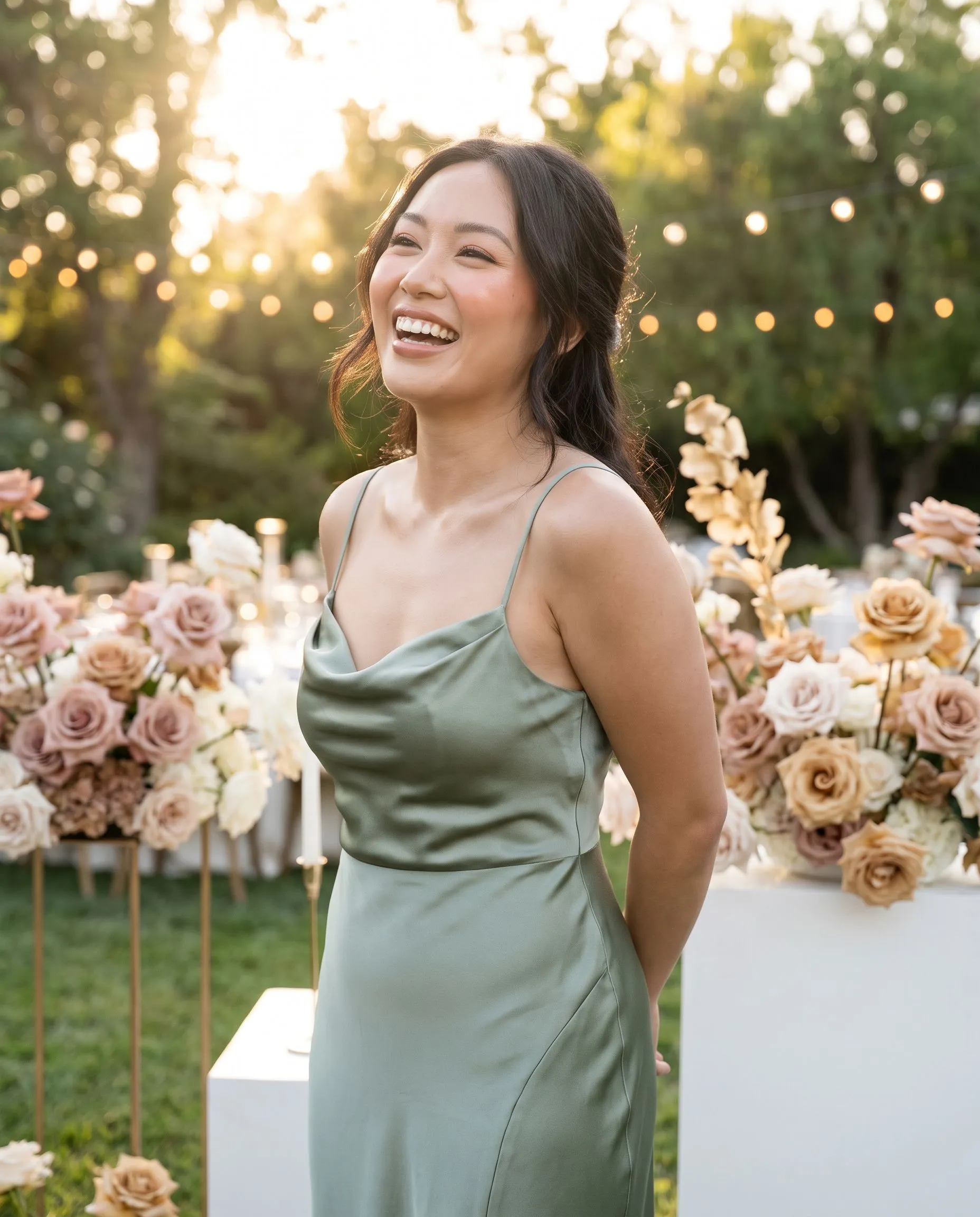 Hochzeitsgast mit natürlichem Make-up im Garten