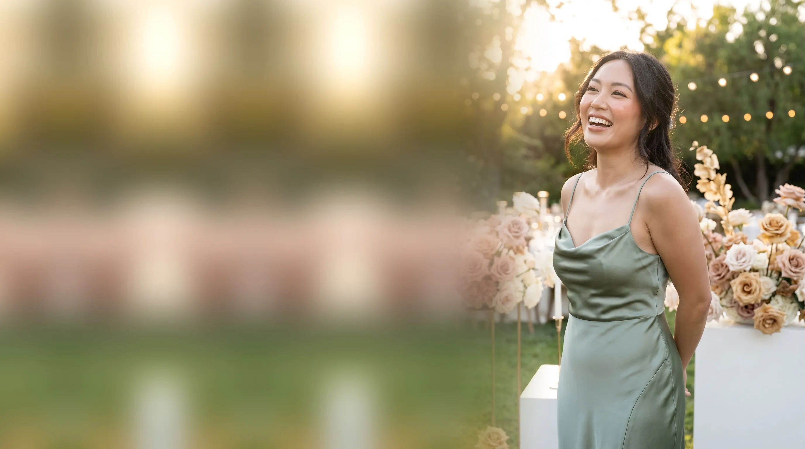 Lachender Hochzeitsgast mit natürlichem Make-up im Garten bei Sonnenuntergang