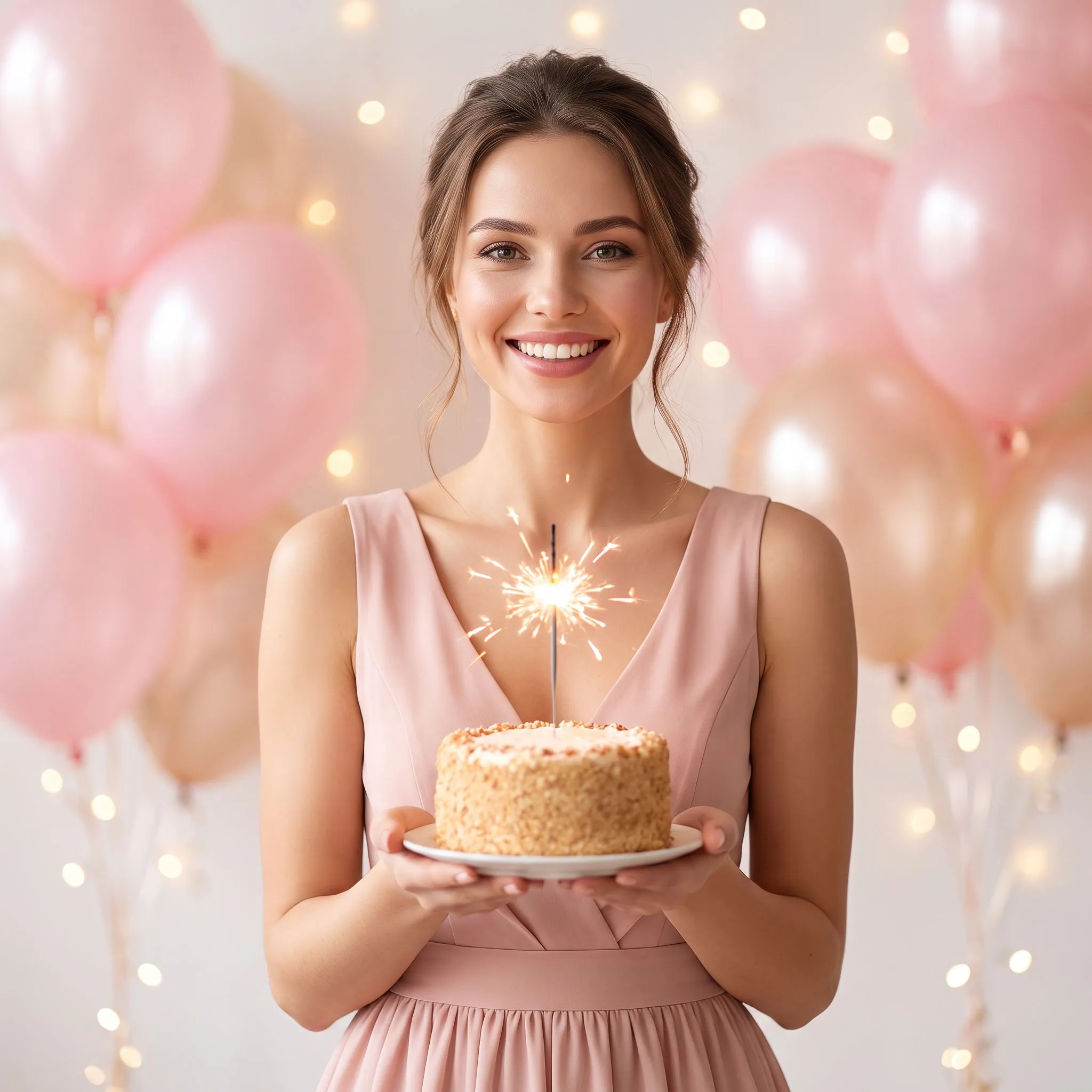 Beispiel-Look für einen Geburtstag: frische Haut, dezent betonte Augen und ein rosiger Lippenton, mit Törtchen und Wunderkerze vor pastellfarbenen Ballons